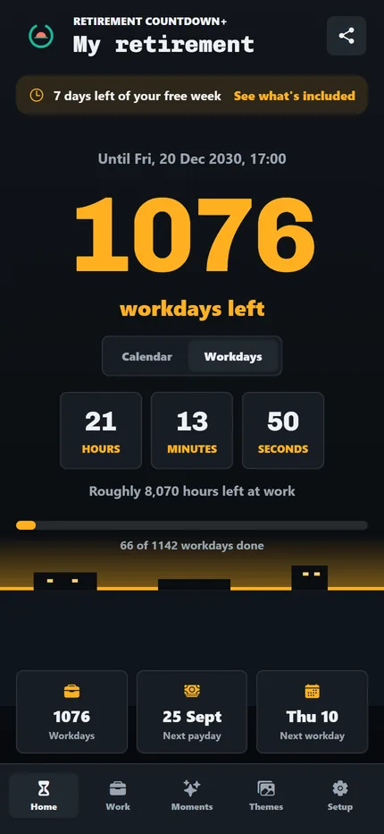 The Night Shift theme in the app: amber digits on a dark screen