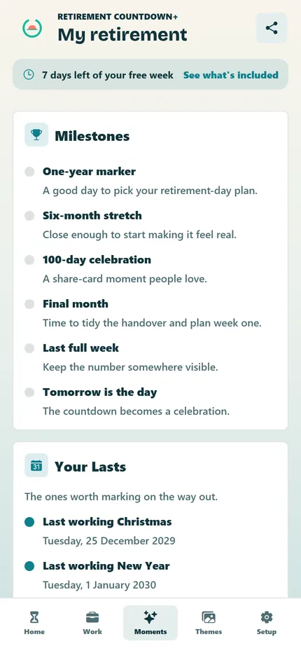 The Moments tab: today's quote, streak and next milestone
