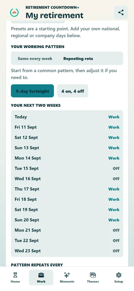 The Work tab, setting a repeating shift pattern